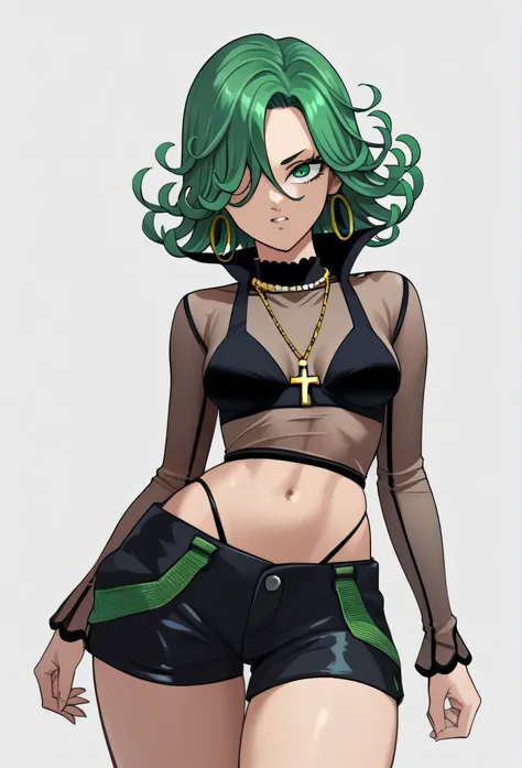 tatsumaki,green hair,green eyes, short hair,Wavy hair,medium breast , black bra, long sleeves, mesh crop top, shorts,black shorts,
highleg panties , earrings,hoop earrings,cross necklace,jewelry,poese.medium breasts
High Resolution, Masterpiece, High Quali...