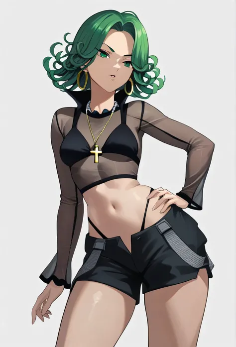 tatsumaki,green hair,green eyes, short hair,Wavy hair,medium breast , black bra, long sleeves, mesh crop top, shorts,black shorts,
highleg panties , earrings,hoop earrings,cross necklace,jewelry,poese.medium breasts
High Resolution, Masterpiece, High Quali...