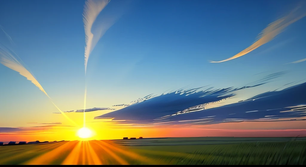 sun shine　Blue and green petals flutter in the wind　grassland　blue sky　Beautiful sky　sunset