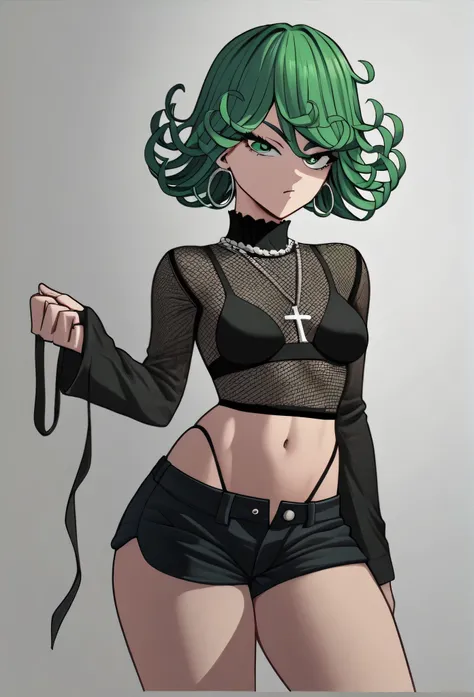 tatsumaki,green hair,green eyes, very long hair,medium breast , black bra, long sleeves, mesh crop top, shorts,black shorts,
highleg panties , earrings,hoop earrings,cross necklace,jewelry,poese.medium breasts
High Resolution, Masterpiece, High Quality,fou...