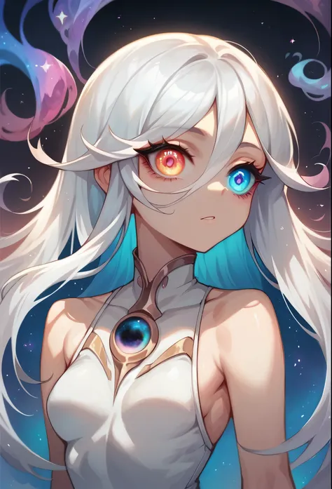 one girl,  long magic hair, cosmic eyes,  detailed eyes ,  long lashes, Heterochromia,  Slim figure , small breasts , Legs out of frame, in the frame up to the chest 