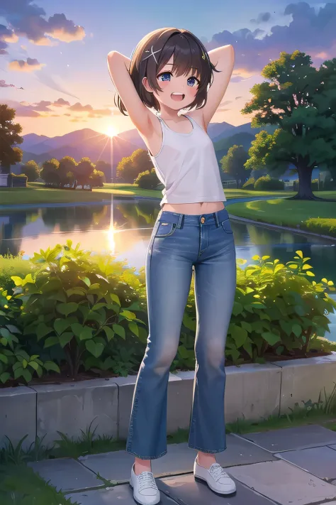 masterpiece,best quality,ultra detail,1girl, 14yo,petite,Laugh happily,background((lake, garden, beautiful sunset)),sunshine,cloud, beautiful brown short hair, hair ornament, x hair ornament,Raise your arms and bring them behind your head,White teeth, Whit...