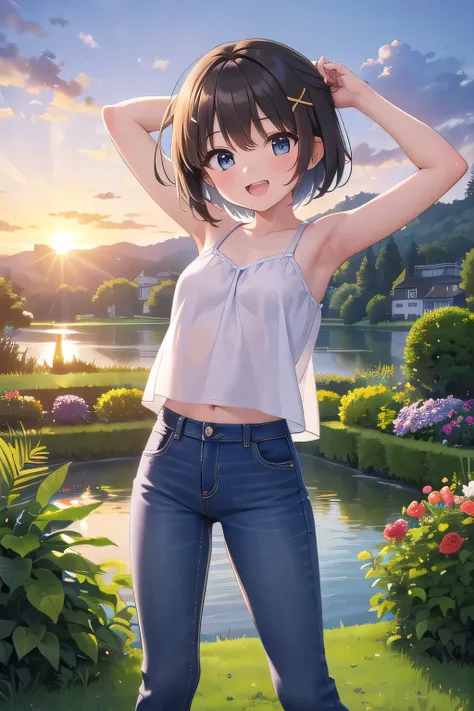 masterpiece,best quality,ultra detail,1girl, 14yo,petite,Laugh happily,background((lake, garden, beautiful sunset)),sunshine,cloud, beautiful brown short hair, hair ornament, x hair ornament,Raise your arms and bring them behind your head,White teeth, Whit...