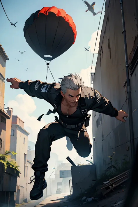 A 60 year old man, Very short black-haired with gray hair,  black eyes ,  wearing clothing similar to the video game Free Fire ,  he is falling with a parachute and a gun in his hand from the sky.