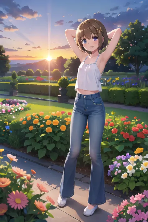 masterpiece,best quality,ultra detail,1girl, 14yo,petite,Laugh happily,background((flowers, garden, beautiful sunset)),sunshine,cloud, yagami hayate, beautiful brown short hair, hair ornament, x hair ornament,Raise your arms and bring them behind your head...