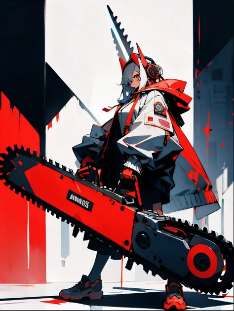 absurdres, highres, ultra detailed,
1naughty hot horny adult waifu,oversized hooded jacket,full body,
holding mechanical chainsaw,