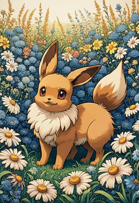 woodblock style art, Eevee (from pokemon) in a field of flowers, by Katsushika Hokusai, best quality, masterpiece, 8k, Representative work, official art, Professional, Ultra intricate detailed
