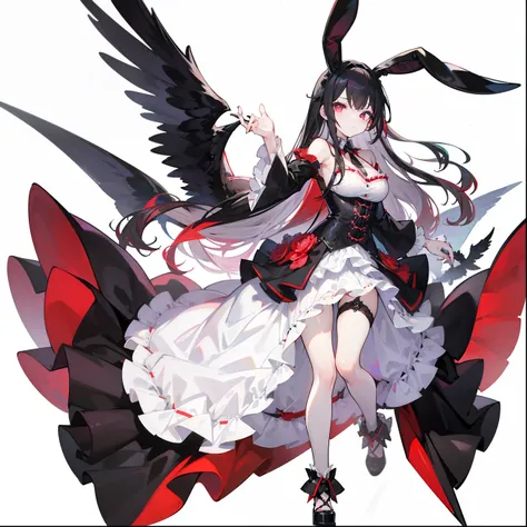 1naughty adult waifu，solo，（Black flowing hair），（long whitr hair），（full bodyesbian），Bunny ears，｛（ heterochromia）（red - eyed）（blackigeyes）｝，Lolita prostitute，A pair of black wings，standing on your feet，｛White background 1：：5｝