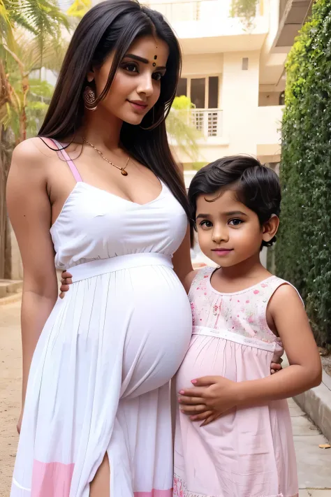 s cute little beautiful white cute face indian pregnant girl with his cute small boy friend with stylish different pink  and white mixed color full stunning dress with hot pic