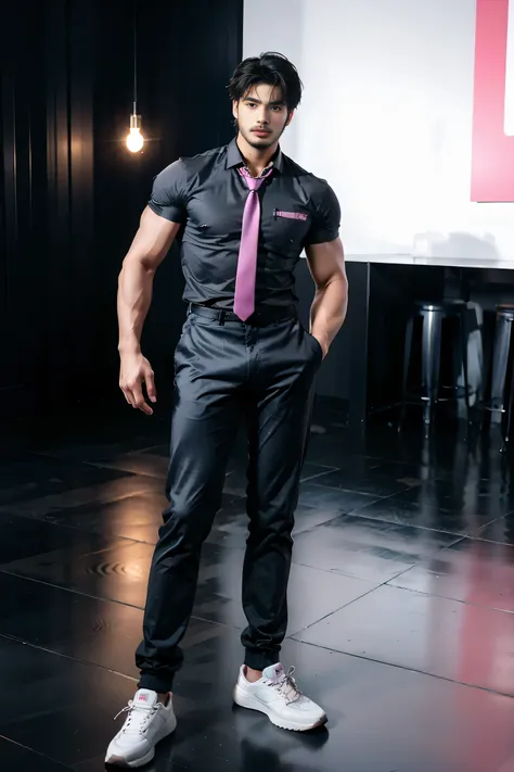 (face: Mariano di vaio), masterpiece, best quality, Face, Natural eyes, European, Bigfoot, Black socks, whole body, A young man, a young Man in a dress, A hand some men wear Man black shirt with pink tie Put on a lighter pink ,blue eyes, sharp jawline and ...