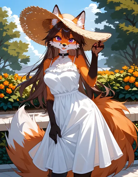 score_9,score_8_up,score_7_up, source_furry, (highly detailed), ((Masterpiece)), ((Best Quality)), ((Anthro furry fox girl, brunette hair, orange fur)), purple eyes, fox paws, long hair, seductive smile, sun hat, (sundress), medium breasts, wide hips, chok...