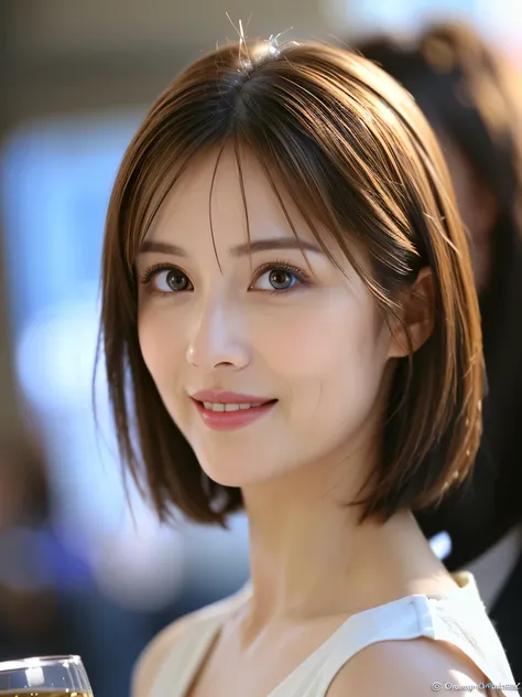 ((White Wine)),((Wine Glasses)),(Realistic, superrealistic:1.4), 16K HDR,   High image quality ,((White Wine)),((Wine Glasses)),Happy smile、  short hair,The best smile、Similar to Satomi Ishihara、Japanese actress,  so beautiful(It looks like the real thing)...