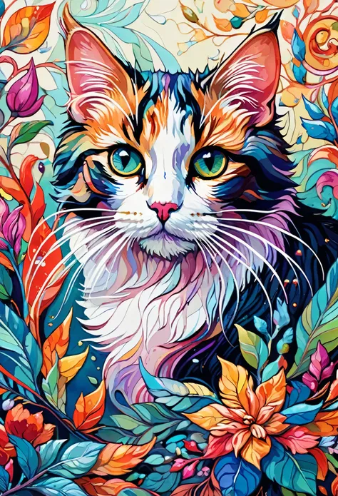 wallpaper 🐈⬛, A freaking cat, digital illustration, By Erin Hanson, Oil paint, vivid colors , Watercolor, trending on artstation, sharp focus, studio photo, intricate details, highly detailed, by greg rutkowski