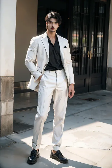 (face: Mariano di vaio), masterpiece, best quality, Face, Natural eyes, European, Bigfoot, Black socks, whole body, blue kpop shirt ,white suit pants，Big bulge, Long legs, Looking at the audience, 30 years old, muscular and mature, Slim waist, Short hairst...