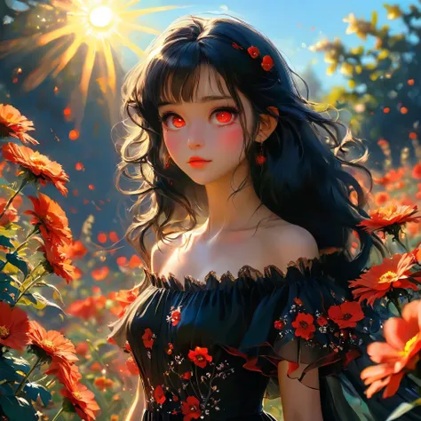 realistic, 1girl, black hair, red eyes, glowing eyes, black dress, blush, night, flowers, sun, sunlight,