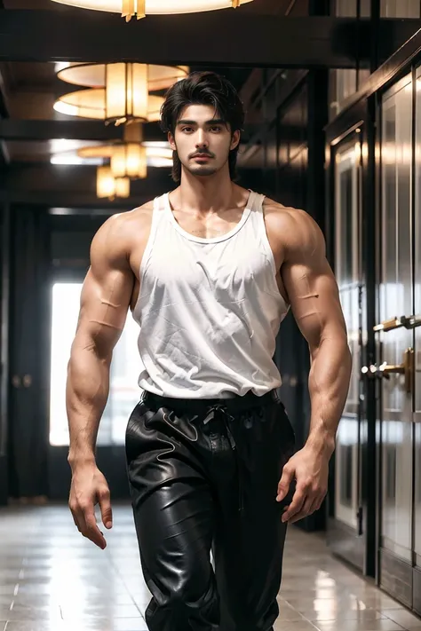 (face: Mariano di vaio), 8k realistic image of handsome guy, Strongman, 25 years, Brown short hair, Brown eyes, Wearing a simple black leather tank top and tight black leather pants, He has a black bandage on his arm, annoyed expression, Walking in the wid...