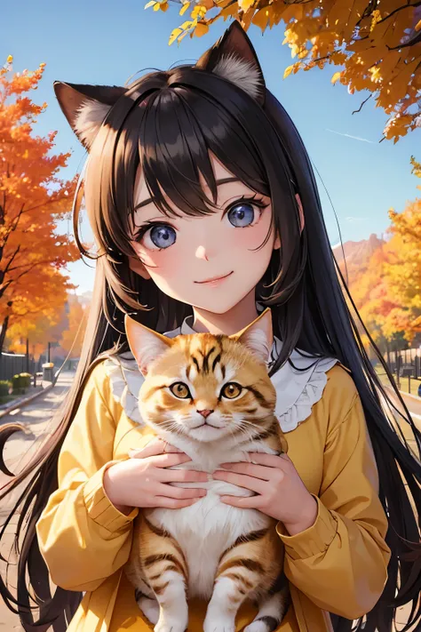 beautiful nature on a clear fall morning 、 small, wonderful, beautiful princess holding a cute cat with both hands，可愛い猫を両手で抱きしめる...