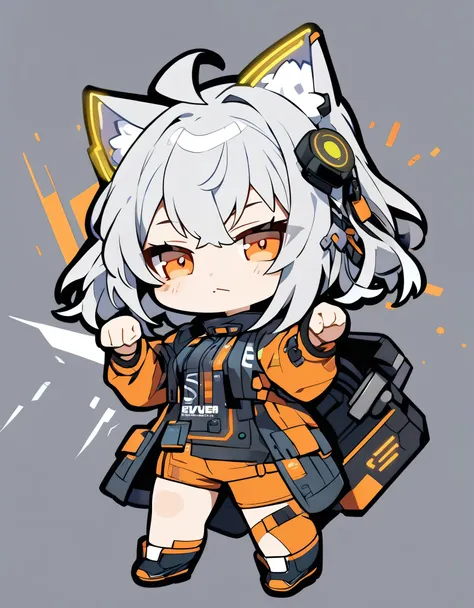 (solo lady),(silver cat ears:1.1),(silver hair),(shortcut hair:1.1),(messy hair:0.7),(Ahoge:0.9),break,( Orange Eyes ),break,cyberpunk blue costume,Chibi character、simple display background、half-closed eyes,closed mouth,fullbody,hands up,paw pose,