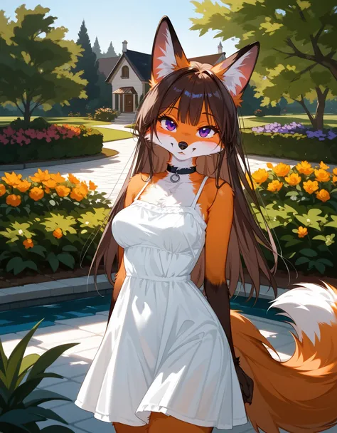 score_9,score_8_up,score_7_up, source_furry, (highly detailed), ((Masterpiece)), ((Best Quality)), ((Anthro furry fox girl, brunette hair, orange fur)), purple eyes, fox paws, long hair, seductive smile, ((green sundress)), medium breasts, wide hips, choke...