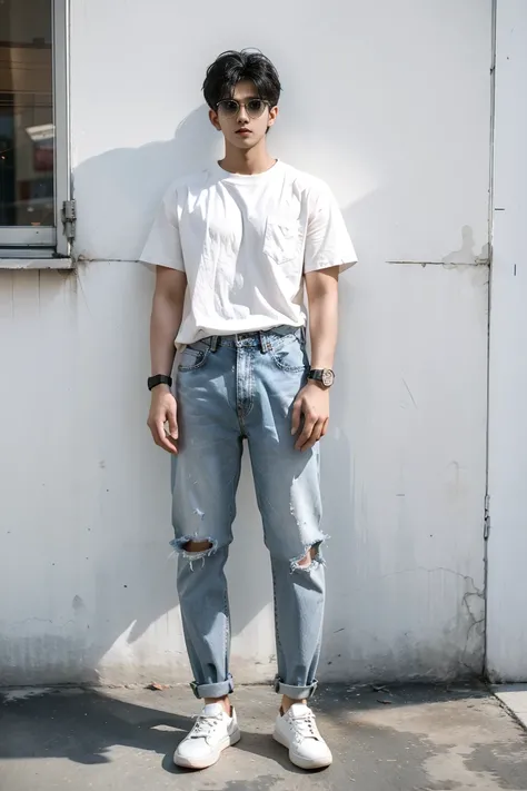 a 21 years of indian boy wearing strip shirt and fade jeans pant and transparent sunglasses and white shoe and smart watch and with fade haircut