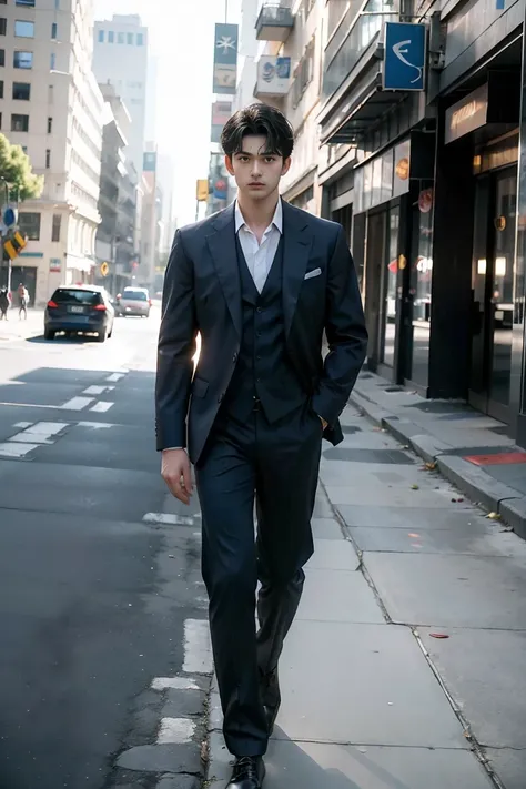 ((Full body)) Photo RAW Ceo young Man stranding in bucarest city, wearing blue suit, no Beard) movie scene, (Impeccable) ,Serious and elegant man, , with thick male eyebrows, (with mysterious and serious face,) short dark hair, elegant, ( high quality and ...