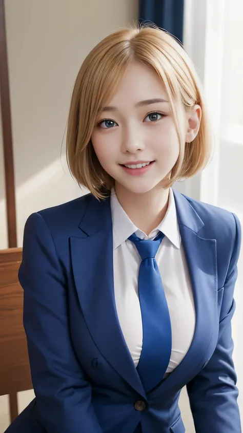  table top、Best Quality、  very detailed、 high definition、8K wallpaper、 perfect dynamic configuration,、delicate beautiful eyes、schoolgirl, tits、Beautiful breasts、(Big Breasts:1.3) 、Blue blazer、 white shirt 、Stop the button on the shirt、 red tie 、 teenage gi...