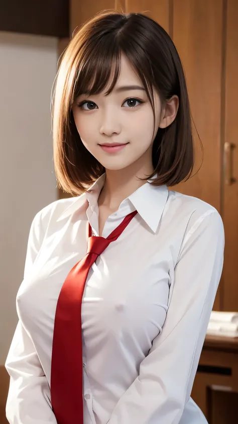  table top、Best Quality、  very detailed、 high definition、8K wallpaper、 perfect dynamic configuration,、delicate beautiful eyes、schoolgirl, tits、Beautiful breasts、(Big Breasts:1.3) 、Red blazer、 white shirt 、Stop the button on the shirt、 red tie 、 teenage gir...