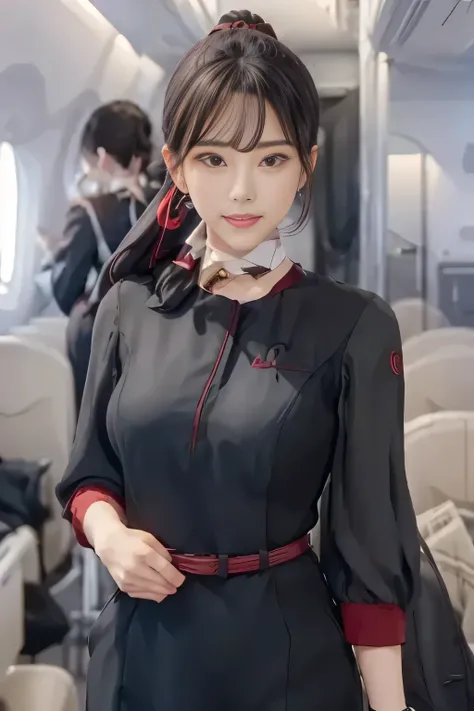 (masterpiece:1.2, Best Quality:1.2), 32K HDR, high definition, (alone、 1 girl)、( style wearing an Airasia Flight Attendant Uniform ), A proper woman, beautiful face, Brown Hair, (Long hair that reaches down to the feet), ( red jacket, open jacket, open...