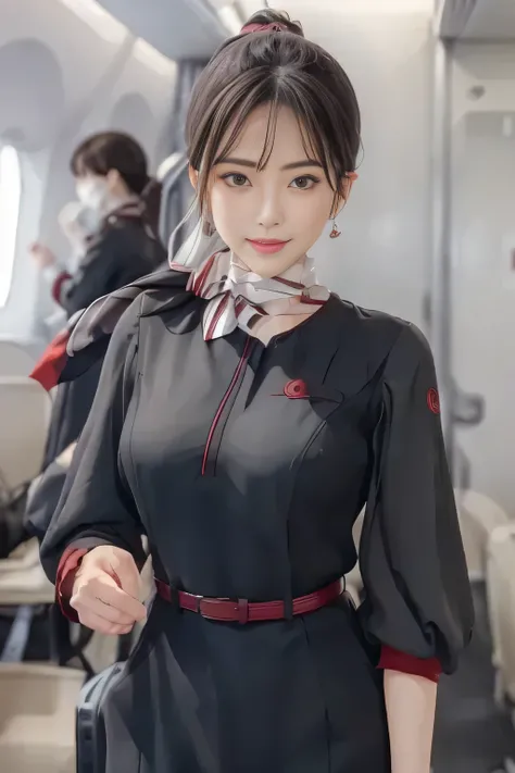 (masterpiece:1.2, Best Quality:1.2), 32K HDR, high definition, (alone、 1 girl)、( style wearing an Airasia Flight Attendant Uniform ), A proper woman, beautiful face, Brown Hair, (Long hair that reaches down to the feet), ( red jacket, open jacket, open...