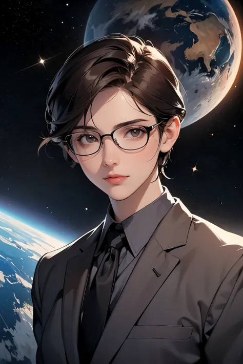 A beautiful man with feminine features.A beautiful man. Detailed drawing of the face. An intelligent impression. Short hair. she wears glasses. Dark brown hair. Mid twenties. She is wearing a gray suit. She is looking at the camera with a defiant expressio...