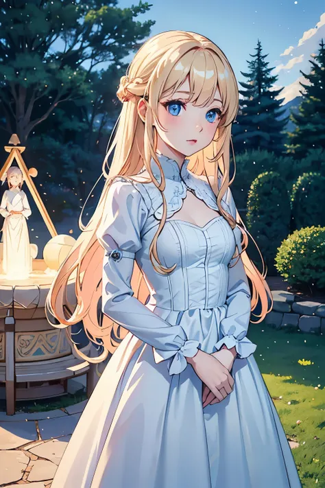  Long Curly Blonde Hair 、 bright blue eyes 、 white skin like porcelain 、Pale Rosy Cheeks 、 Beautiful Young Woman in a Voluminous Shimmering Light Blue Dress、 Pink Lips、 Elegant and Serene Expression 、 detailed facial features 、 photorealistic 、 very detail...