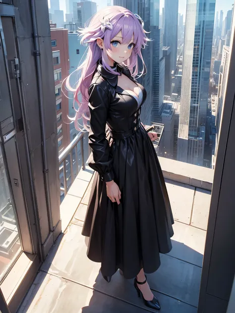 high resolution, masterpiece , The best quality, necessary, HD model, tall details , lyrics, improvement, Textured leather, UHD, distant view, she is from a skyscraper watching the whole city, happy look, long black dress, from above, from one sid...