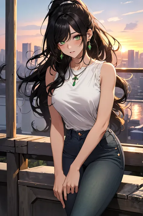 (top quality, masterpiece, high quality, ultra-delicate), ((beautiful adult woman)), ((Dark black hair)), mature, graceful curves, (long hair, long bangs, ponytail), ((bright green eyes)), detailed eyes, modern clothing, bangs, fashionable clothing, ((whit...