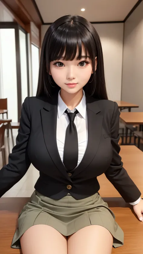 ((high quality)), ((table top)), (detailed face), (highlight), female、Big breasts、blunt bangs、black hair、skirt、blazer