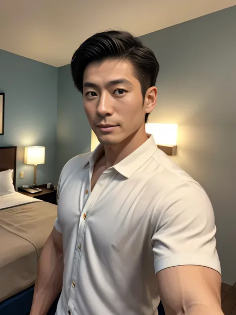 （40代の Japanese Male）、Muscular、smartphone selfie 、 Japanese、A refreshing man、A sophisticated eye、Exquisite Hairstyle 、 Japanese Male、 Masterpiece、8k、 Casual Outfit、Navy blue knit、 white shirt 、living、Hotel-like room