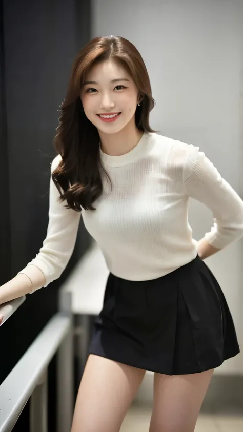 Highest quality、masterpiece、Ultra-high resolution、(Realistic:1.4)、Downtown Tokyo、woman、Standing woman、(((Leaning forward))),Grin、beautiful woman、blouse、miniskirt、Handbags、High heels
