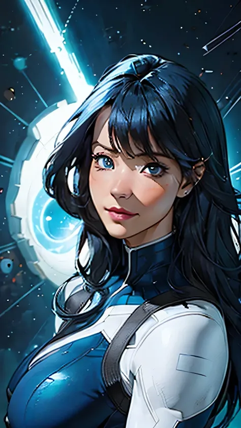 Fly in another space, Geometric pattern flowing from front to back, contrast between light and darkness , warp navigation, Wormhole, Blue and white, superhero costume, Female Heroes, Big Breasts, dark blue hair, hair over one eye, long hair, first-person v...