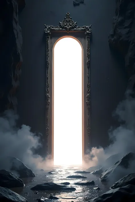 entrance to another dimension, a door that almost opens , a production where both doors open,  the tip of the door is a pure whi...