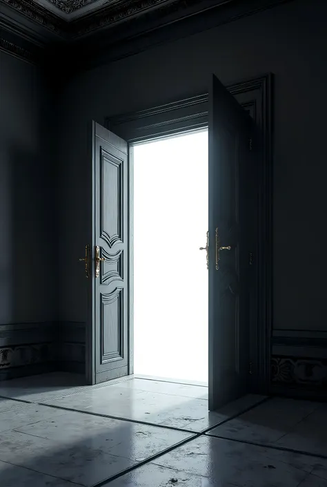 a portal to another dimension, opening doors, two doors opening, white space beyond the doors, depth and perspective, black back...