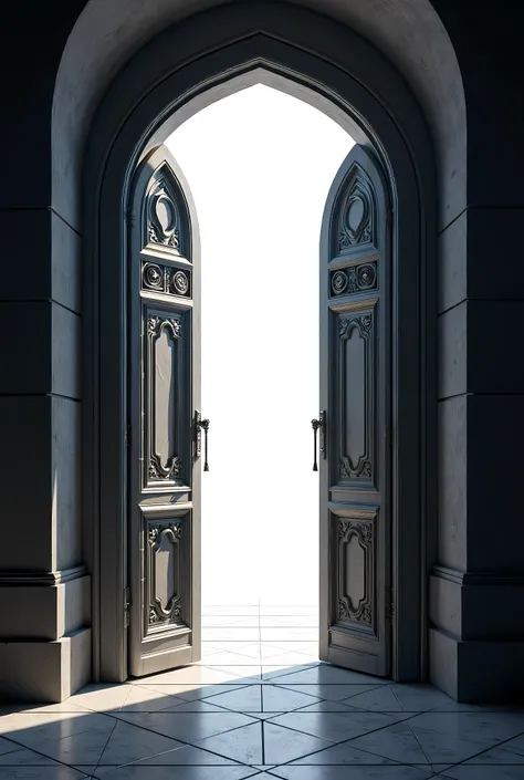 a dimensional portal, opening doors, two doors opening, beyond the doors a vast white expanse, creating a sense of depth, pitch ...