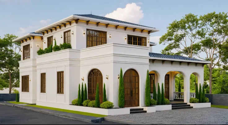Raw photo,Masterpiece, high quality, best quality, authentic, super detail,
exterior, outdoors, house style indochine on the street ,aiaigroup
road,pavement, grass, trees, sky, cloud, (day:1.1)