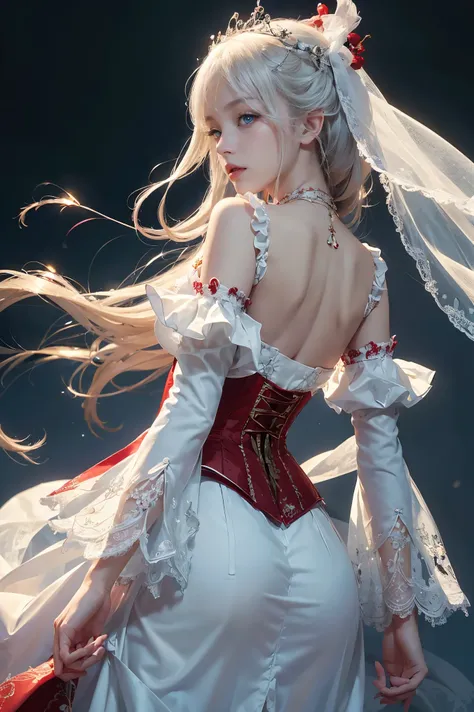 (( Highly Detailed CG Unity 8K Wallpaper )), masterpiece, Super detailed, floating,  high definition, Sexually provocative, ( smaller, Very long white hair,  princess your toddler, White Mage,  blue eyes, (long、 in a white and red sheer layered long dress、...