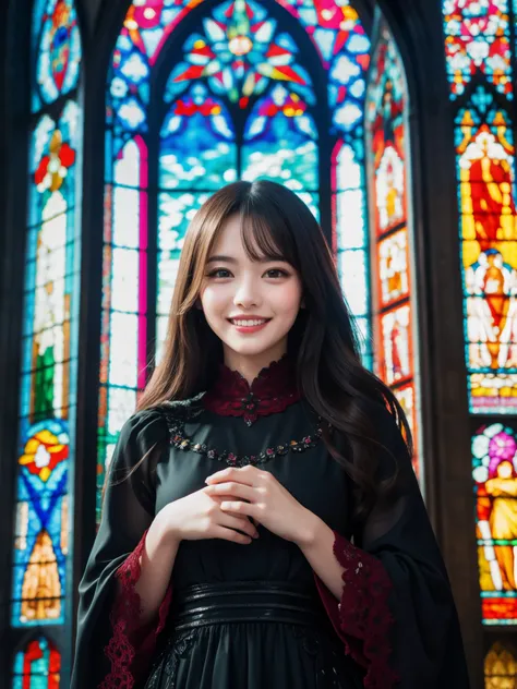 Best Quality　masterpiece　 Details　A super beautiful woman is smiling and wearing a black dress in front of colorful stained glass　Photo style　 imaginary　 fantasy