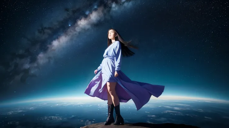 A beautiful woman stands against the vast backdrop of space, gazing up at the starry sky. She wears simple yet elegant boots, and her long hair flows gently in the wind. Her eyes are fixed on the shimmering stars, as if she is drawn into the mystery of the...