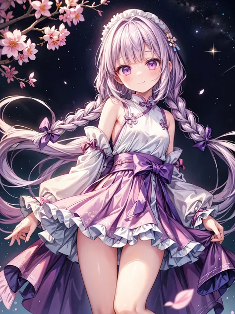 1girl, solo, full body, beautiful illustration, best quality, happy smile, cute girl, pastel color, petite body, flat chest, light purple hair, single braid with ribbon, blunt bangs, wearing purple hanfu lolita princess dress traditional chinese dress, exp...