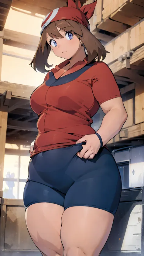 a single girl wearing a red t-shirt and black cycling shorts((  cowboy shots )),brown hair, blue eyes,short hair, chubby body,  ...