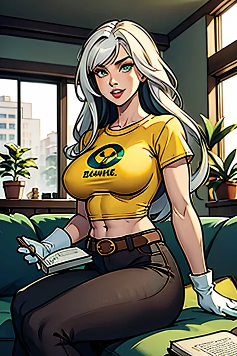 (masterpiece, best quality:1.2), classicrogue, 1girl, solo, white long hair, breasts, big smile, open mouth, large breasts, brown hair, green eyes, big hair, white hair, multicolored hair, parted lips, yellow tshirt, open clothes, belt, with gloves, lips, ...