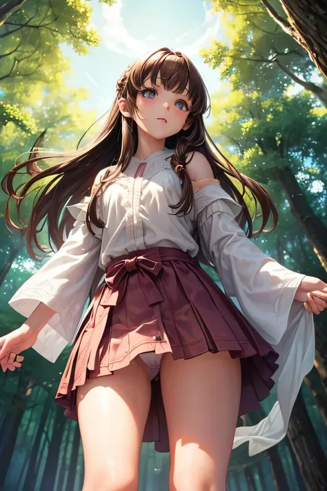 "young Lilim before becoming a sorceress, a gentle girl with long brown hair and innocent eyes, wearing a simple robe, standing in he warm light and the woods.”(panty shot), (((photo taken from below))),(mini-skirt),back view