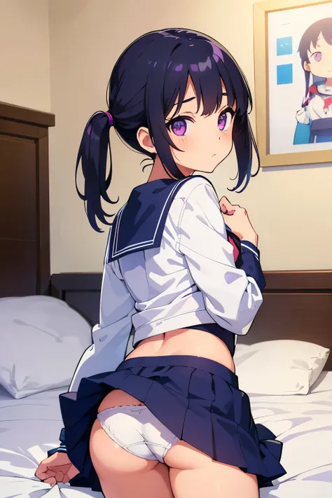  elementary school  toddler flat chest black hair 　 SHORT TWIN TAIL　Purple Eyes　 shy expression （（One person））　Half Sleeve Sailor Suit　Navy blue mini skirt　 white panties　（（ I Can See His Panties）） girls rooms　 on the bed　Im lying face down, facing back, a...