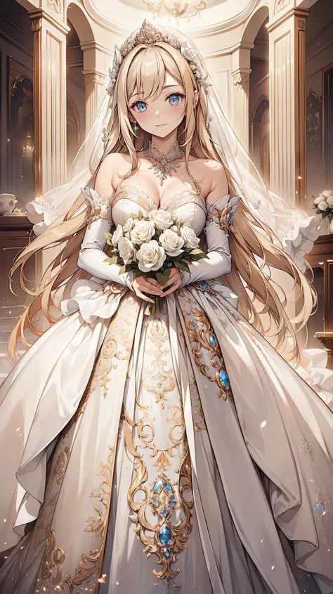 ( masterpiece , best quality, Beautiful and Aesthetic:1.3), watching the audience , 1 girl at home, solitary, faint smile, (cosmetic, Long hair, Light Beige Hair, blue eyes:1.2), octagonal rendering , Wedding Dress, lace embellished dress, transpare...